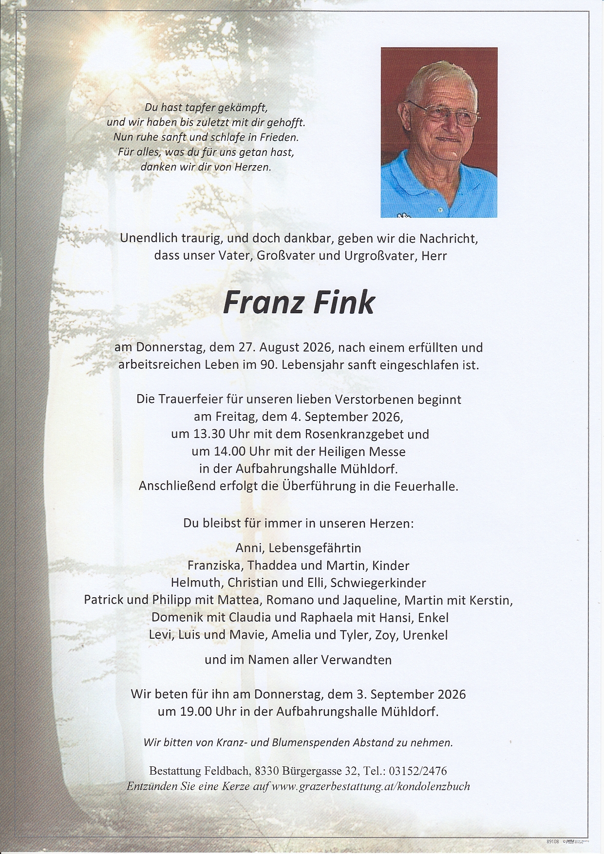 Parte Franz Fink, Bestattung Feldbach
