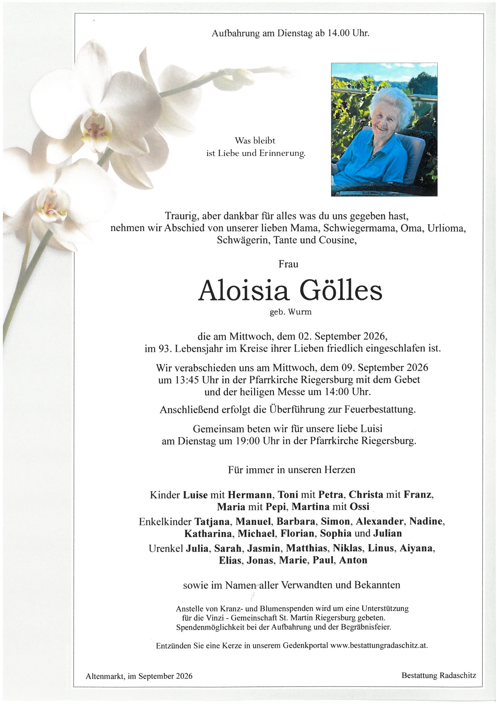 Parte Aloisia Gölles, Bestattung Radaschitz