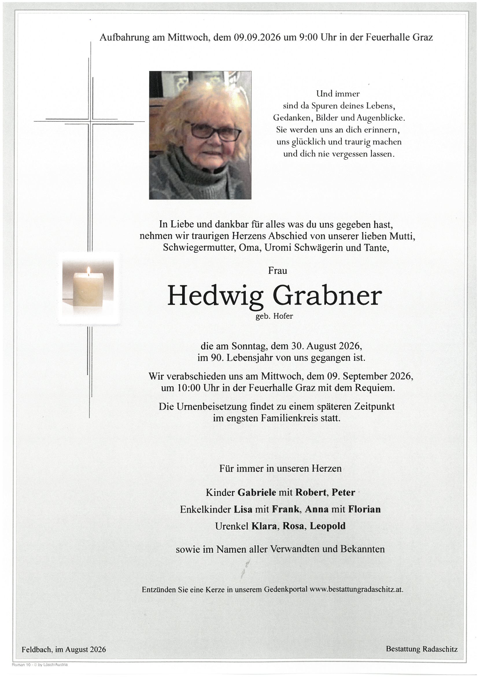 Parte Hedwig Grabner, Bestattung Radaschitz