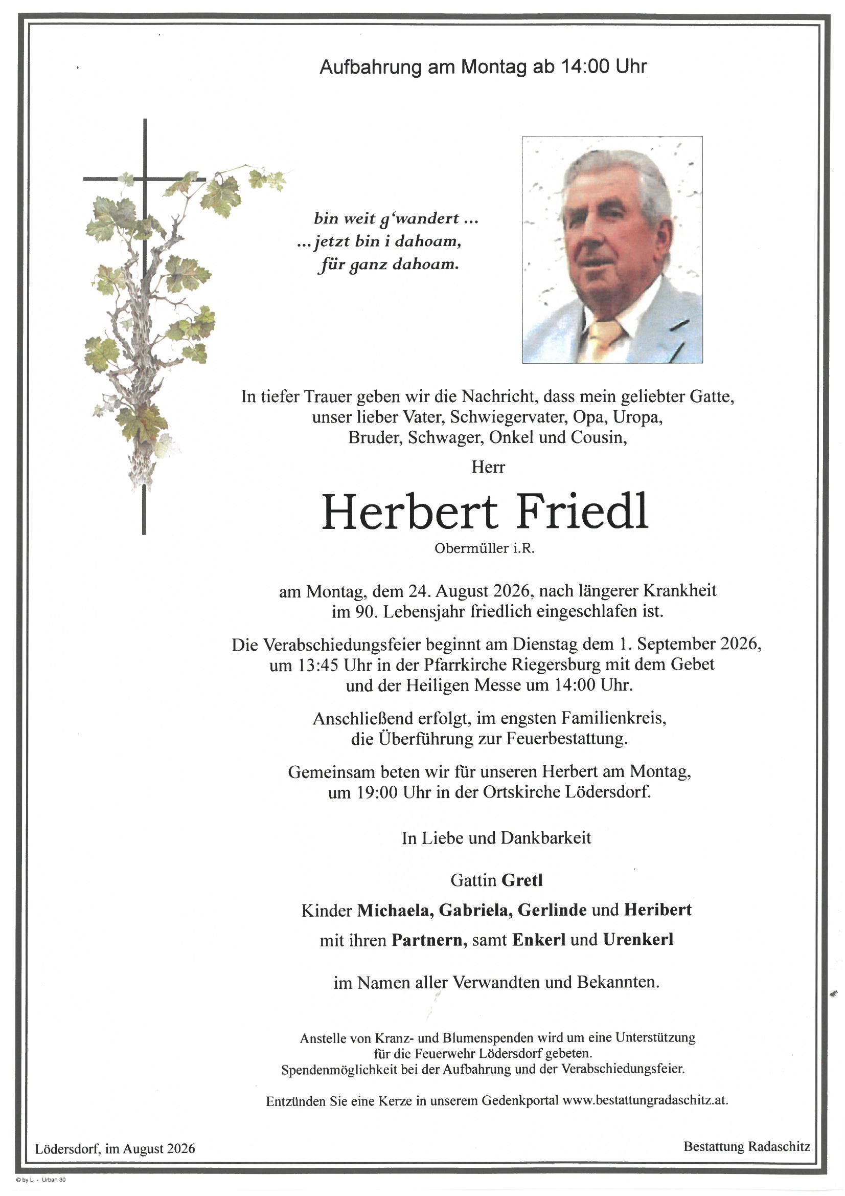 Parte Herbert Friedl, Bestattung Radaschitz