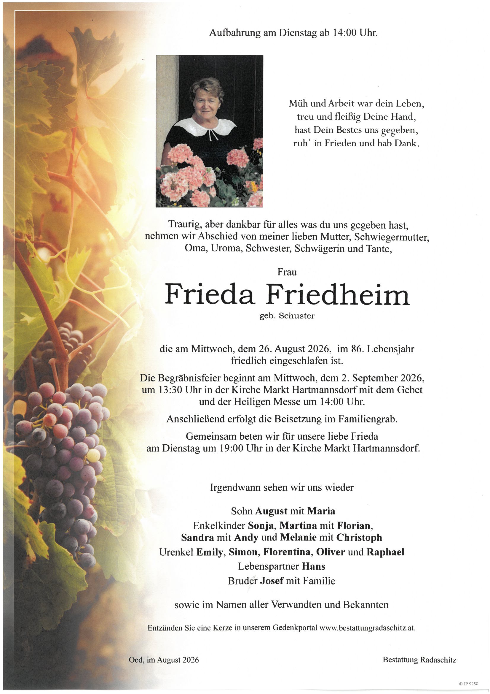 Parte Frieda Friedheim, Bestattung Radaschitz