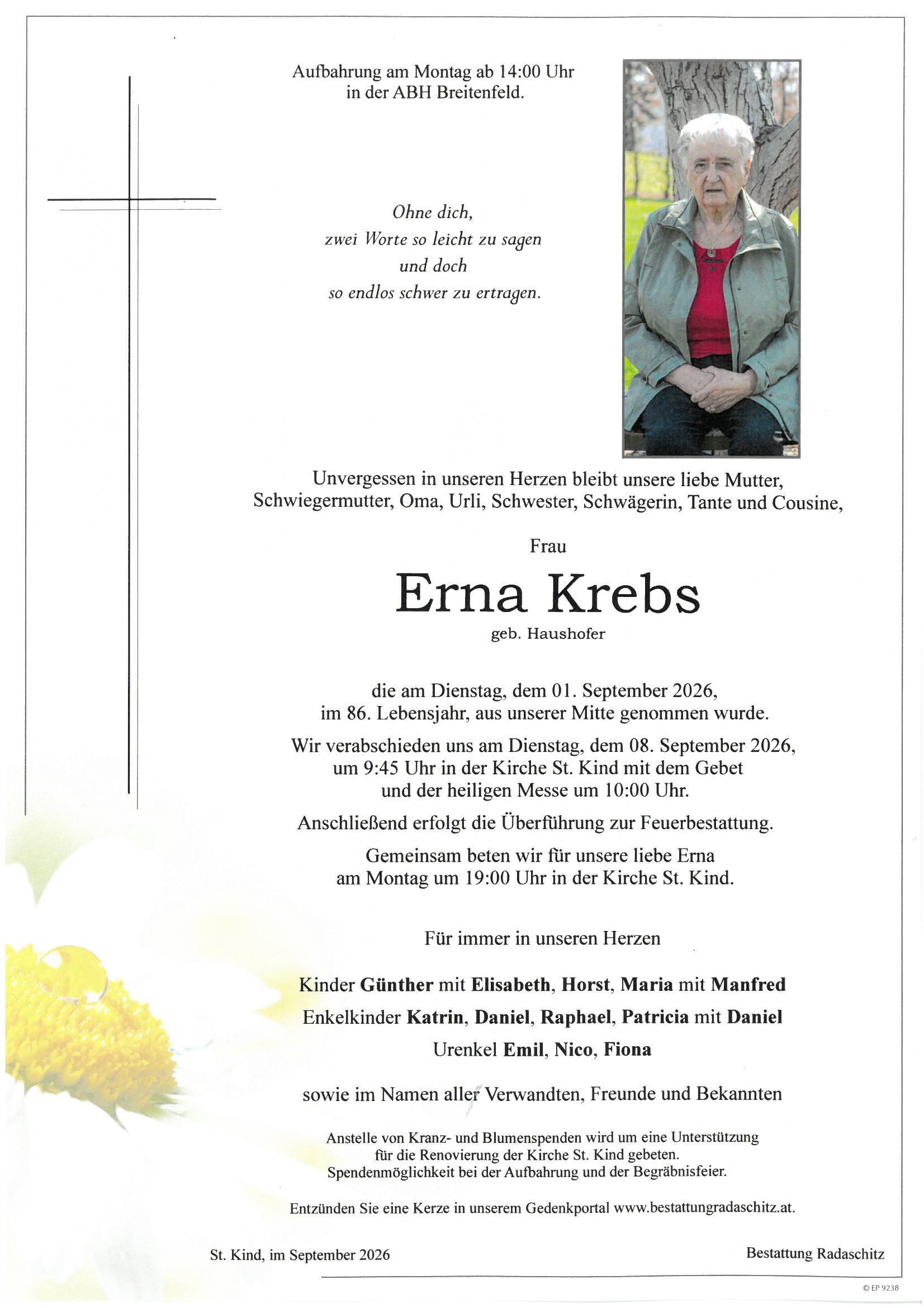 Parte Erna Krebs, Bestattung Radaschitz