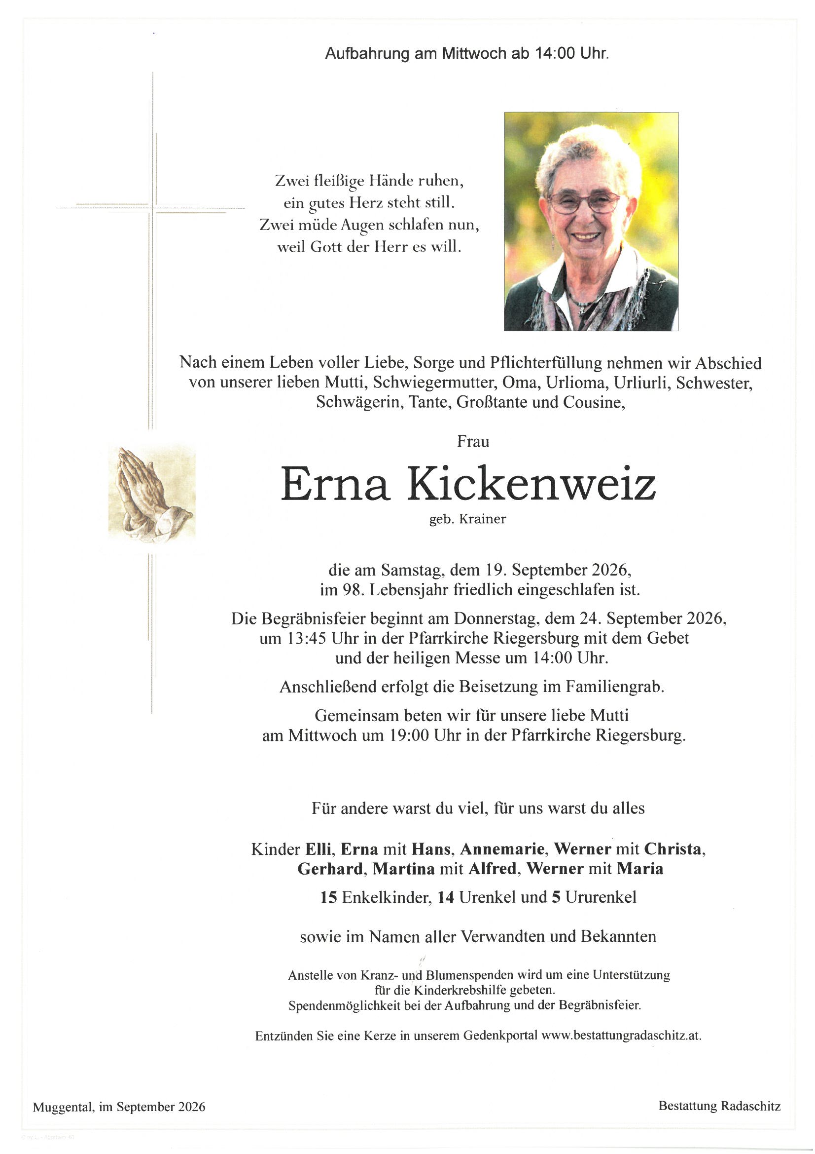 Parte Erna Kickenweiz, Bestattung Radaschitz