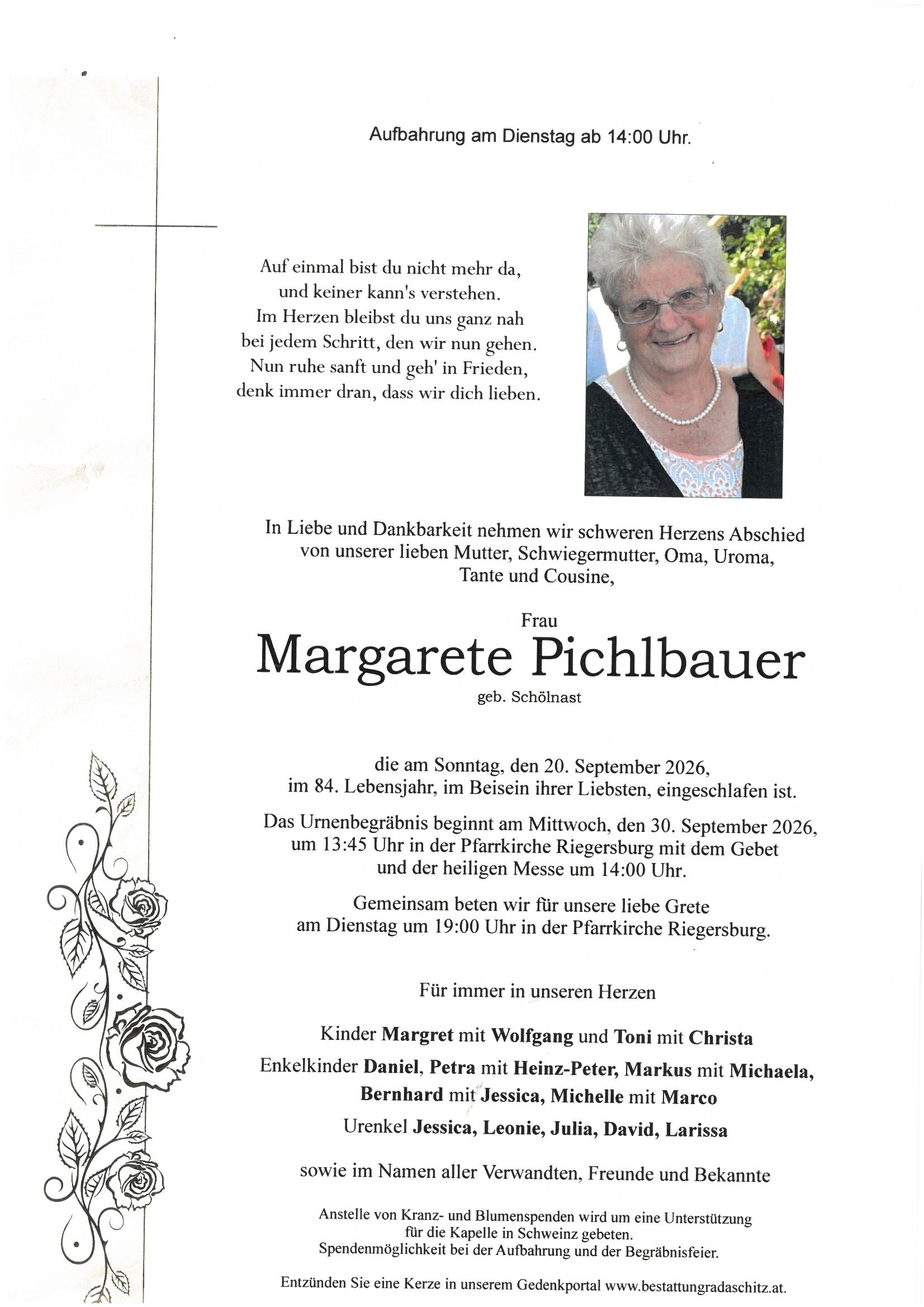 Parte Margarete Pichlbauer, Bestattung Radaschitz
